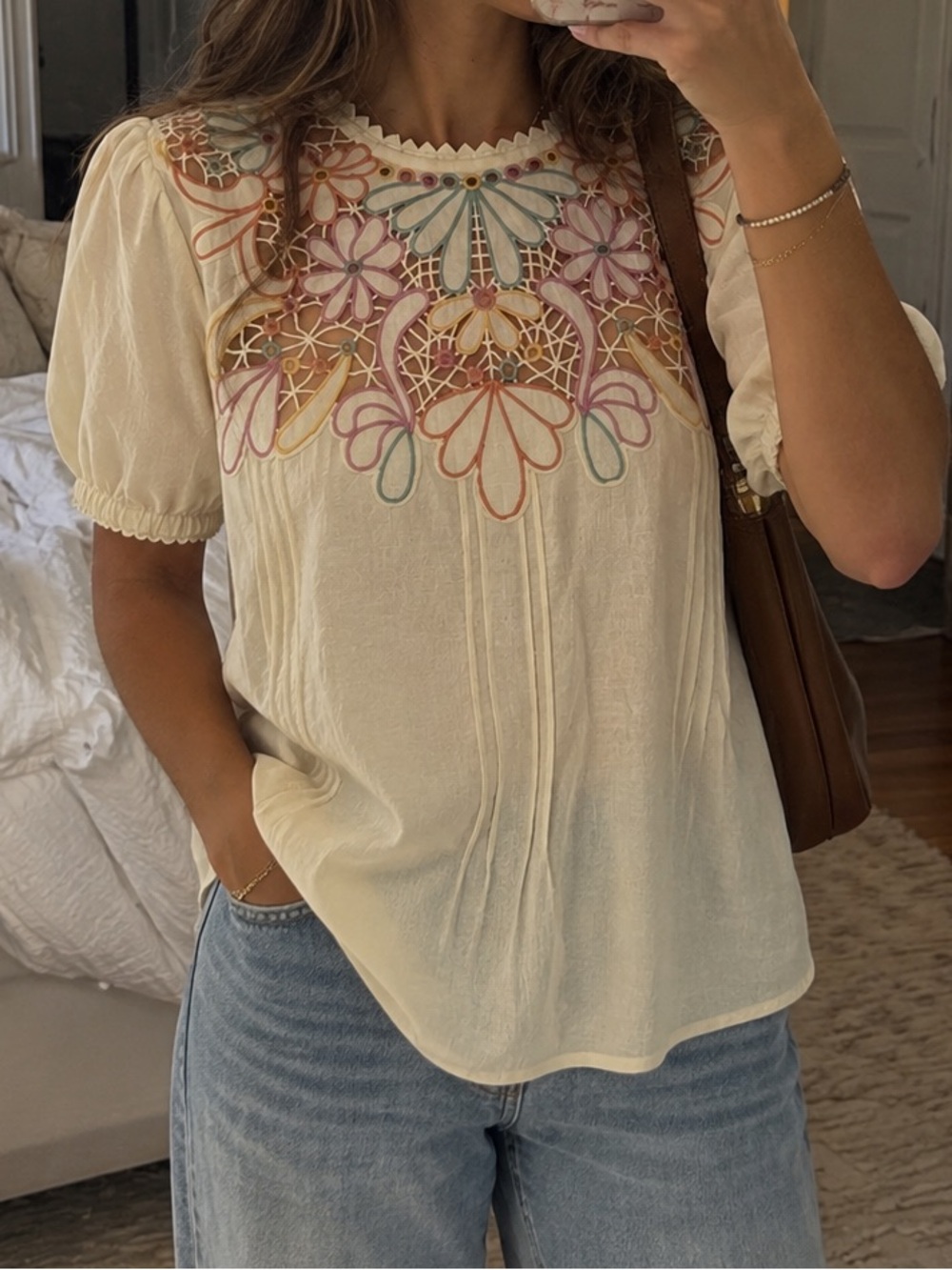 FARM Rio Beige Flower Embroidery Short Sleeve Blouse